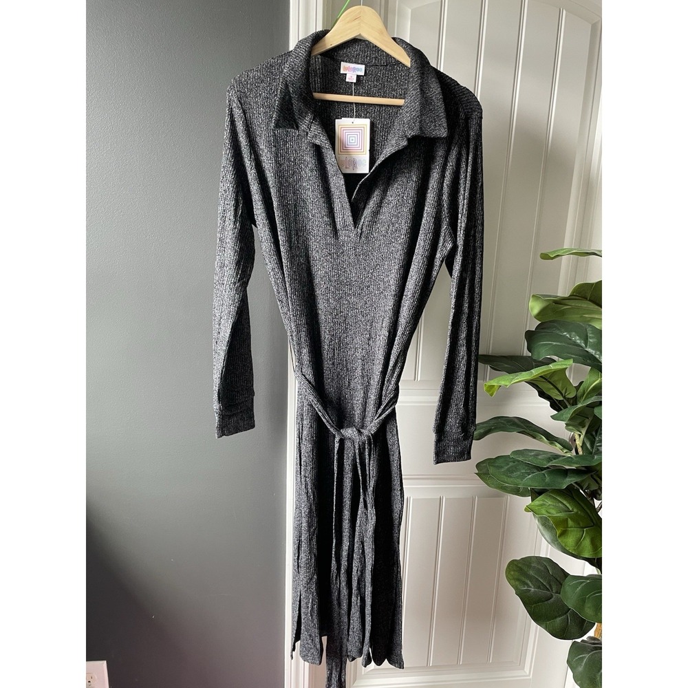 NWT LuLaRoe LLR Gloria Knit Shirt Dress V-neck Dark Gray L/S Belted Collared S